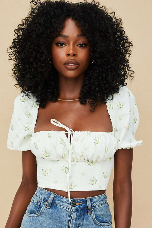 'Arianna' Ivory Floral Puff Sleeve Cropped Top